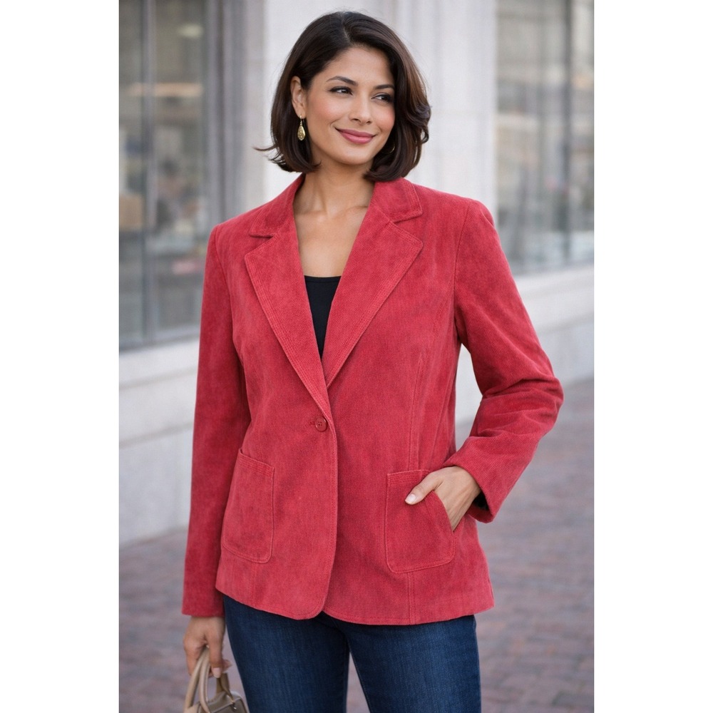 Alfani Red Suede Leather‎ Blazer Jacket Women XL Single Button Collar Pockets